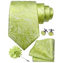 GUSLESON 8cm Paisley Tie Set For Men Necktie Lapel Pin Pocket Square Cufflinks Set For Men,LimeGreen - LimeGreen - View 1