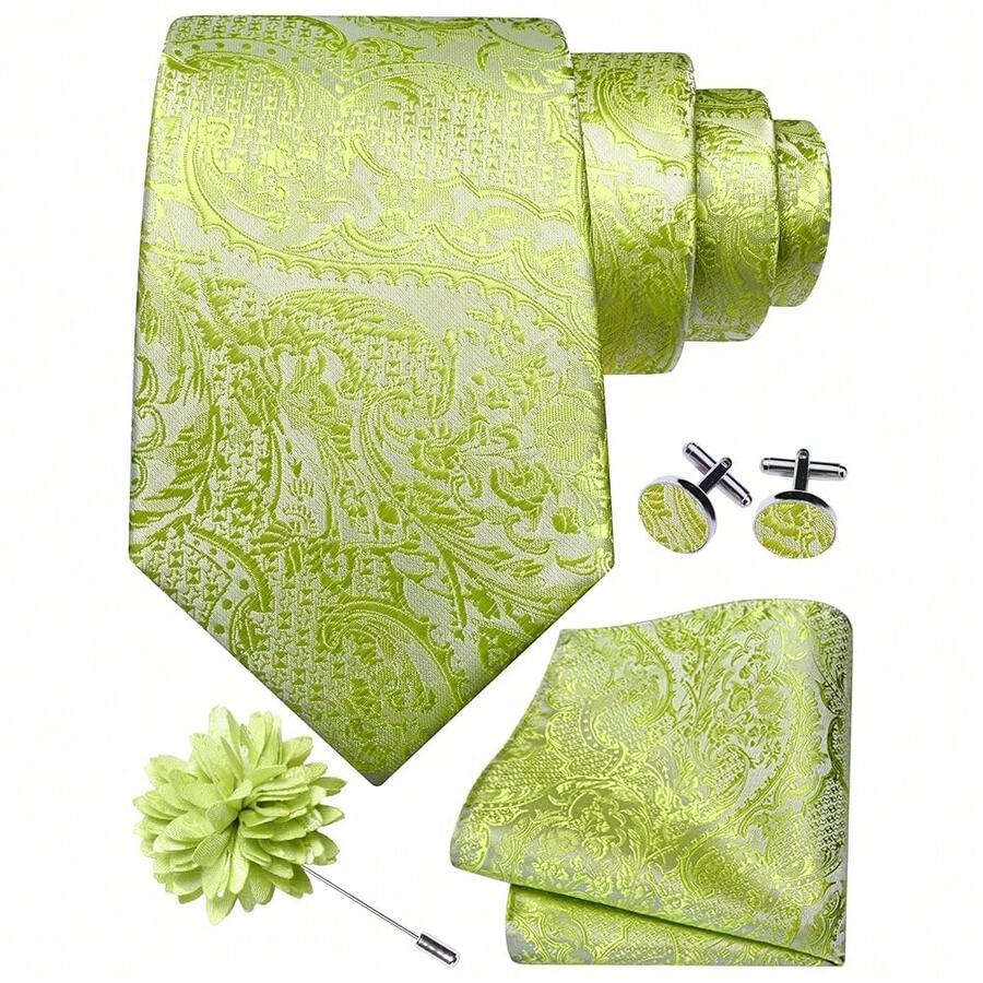 GUSLESON 8cm Paisley Tie Set For Men Necktie Lapel Pin Pocket Square Cufflinks Set For Men,LimeGreen - LimeGreen - View 1