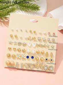 30 Pairs Minimalist Cute Fashion Women Stud Earrings, Heart Shaped Rhinestone, Faux Pearl, Flower, Butterfly Designs, Versatile For Daily, Casual, Holiday Wear, Gift - Multicolor - View 6