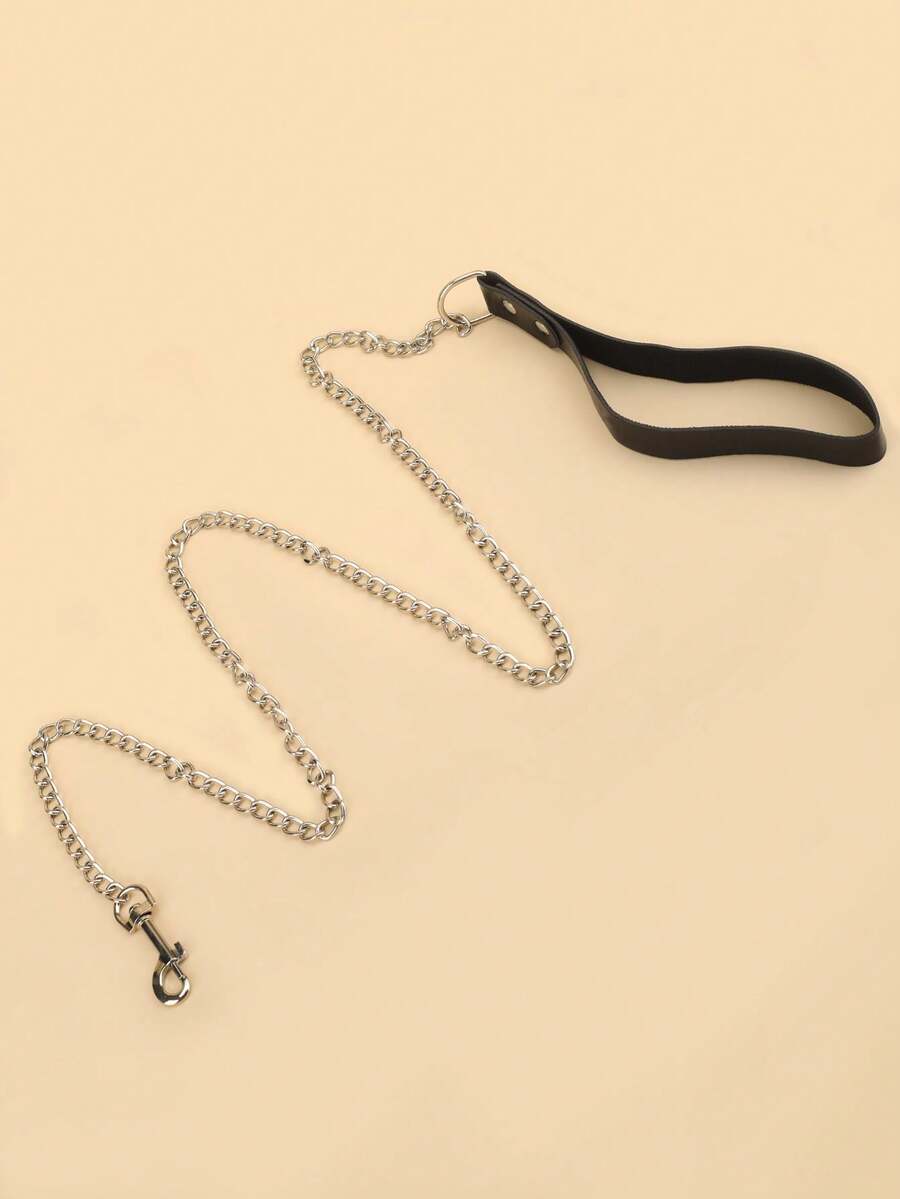 1pc Stainless Steel Pet Leash With Leather Wrist Strap, Cat/Dog Traction Chain - Multicolor - View 1