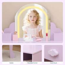 Tocador infantil con espejo y taburete iluminados, tocador y juego de maquillaje de madera para niñas pequeñas con luz LED ajustable, cajón de almacenamiento y estantes para niñas de 3 a 9 años. - Morado - Ver 3