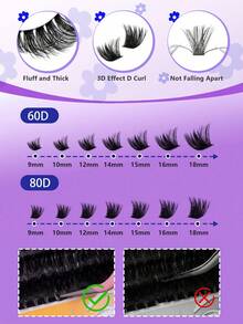 280/300 piezas Racimo de pestañas esponjosas, Racimo de pestañas individuales 60D/80D/100D, Extensión de pestañas gruesas, Racimo de pestañas rizadas en forma de D, Racimo de pestañas delgadas de 9-18mm, Pestañas postizas - Negro - Ver 8