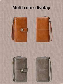 Cartera de embrague de moda 2025, cartera larga plegable vintage minimalista RFID de gran capacidad, cartera de mujer de unicolor con portacartas, cartera con cremallera multifunción con correa de muñeca, regalo para novia, madre, Halloween, Navidad