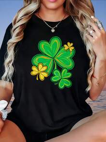 Women's T-Shirt,St Patrick's Day Clover T-Shirt Women Lucky Four Leaf Shamrock Graphic Tee Casual Summer Top For Women, 220g - 黑色 - 查看 4