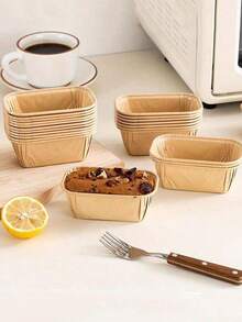 5/50/100个装不粘迷你蛋糕杯，耐油纸板烘焙杯 - 长方形迷你面包蛋糕和煎饼盒，带凹槽边缘，光滑易脱模，可堆叠设计，烘焙均匀 - 卡其色 - 查看 3