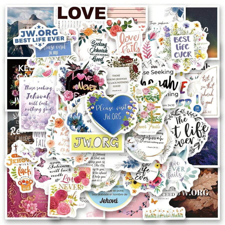 Bộ 61 miếng dán Kinh Thánh Nhân Chứng Jehovah | Nhãn dán phong cách miền Tây, nhãn dán chất lượng cao dùng cho sổ lưu niệm, nhãn dán graffiti, nhật ký, máy tính xách tay, cản xe, ván trượt, bình nước, máy tính, hoạt hình, mũ bảo hiểm, nhãn dán ô tô. Nhãn dán có thể mang lại nhiều niềm vui cho cuộc sống của bạn, món quà hoàn hảo cho người lớn. - Nhiều màu - Xem 1