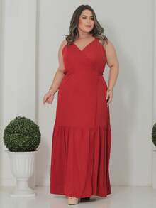 Long Wrap Dress With Thin Straps Made Of Smooth Viscose Linen. - 紅陶 - 查看 1