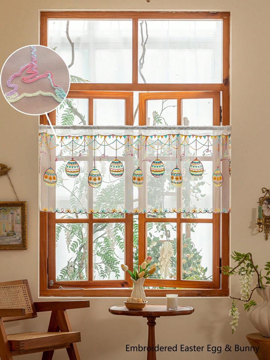 1 chiếc rèm nhỏ thêu hình trứng Phục Sinh và thỏ, chất liệu voan mỏng, trang trí phù hợp với nhiều kích thước phòng. - Nhiều màu - Xem 1
