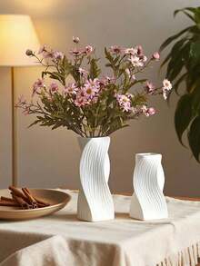 1pc Modern White Wavy Vase Set - Minimalist Rectangular Wavy Textured Plastic Neutral Vase For Elegant Floral Decor In Living Room, Bedroom, Office Desk, Dining Room Shelf, Suitable For Dried Flowers (Reed/Wheat/Cattail), Fresh Flowers (Peony/Rose/Tulip), Artificial Flowers (Artificial Reed/Artificial Ginkgo Leaf Branches/Artificial Daisy Bouquet/Artificial Baby's Breath) - Multicolor - View 3