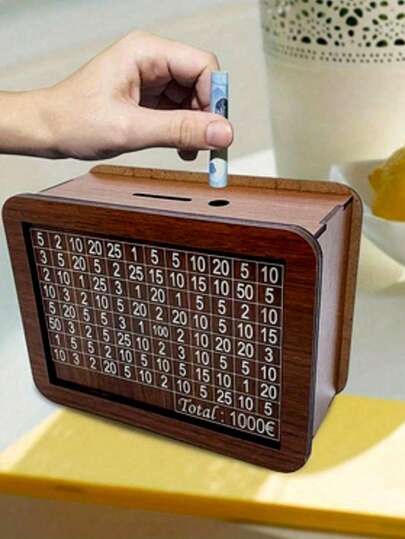 1 st träspargris, kreativ hantverkspresent (spargrisen levereras med raderbar penna), mörkbrun burk för skrivbordsdekor, planerad spargris, sparbössa, lämplig för hem-, vardagsrums- och kontorsinredning, med sparetikett, kan förvara mynt och sedlar, utmärkt rumsdekor samt bästa födelsedags- och examenspresent