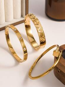 3pcs/1pc Fashion Flower & Clover Stainless Steel Bangle Bracelet Set, Golden, Elegant, Versatile, Suitable For Women, Girls, Daily Wear, Festivals, Weddings, Parties, Gifts For Wife, Daughter, Friend, Sister - Gold - View 2