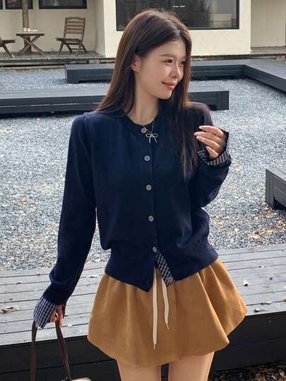 纯色罗纹二合一/解构式女士办公/上学开衫，长袖，春秋季
