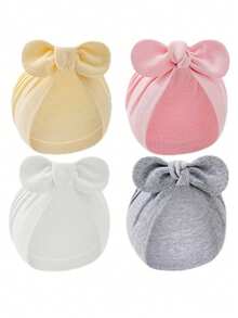 3/5 新生儿帽子：蝴蝶结头巾、打结设计的新生儿贝雷帽，以及可爱、柔软、有弹性的婴儿头巾。适合 0-2 岁的男婴和女婴（有白色、米色和粉色可选）。