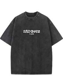 Men's Vintage Washed Cotton T-Shirt - Dual-Sided "SAD BOYZ" Graphic Print, Loose Fit Streetwear Tee With Rotating Sleeve Design For Casual, Beach & Party Wear, Casual Outings, Retro Graphic Shirt, Textured Fabric, Vacation Style, Street Style, Soft Material, Round Neck Shirt, Young Adults - 黑色 - 查看 1