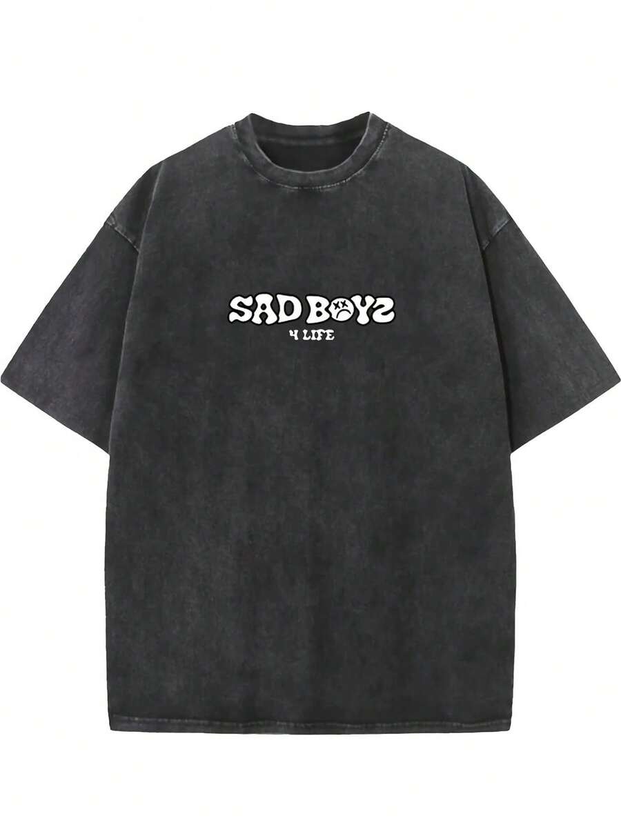 Men's Vintage Washed Cotton T-Shirt - Dual-Sided "SAD BOYZ" Graphic Print, Loose Fit Streetwear Tee With Rotating Sleeve Design For Casual, Beach & Party Wear, Casual Outings, Retro Graphic Shirt, Textured Fabric, Vacation Style, Street Style, Soft Material, Round Neck Shirt, Young Adults - 黑色 - 查看 1