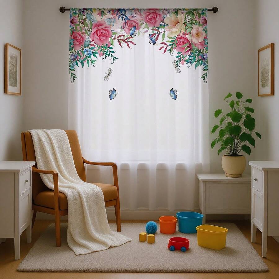 ستارة شفافة رومانسية بنقشة زهور وفراشات الأبعاد، خلفية بيضاء، مصنوعة من ألياف البوليستر، مناسبة للمنازل المؤجرة والغرف المعيشية والمطابخ والنوم، قابلة للإزالة والغسل في الغسالة، ستارة نافذة صغيرة - متعدد الألوان - مشاهدة 1