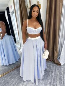 Sling Vest Lace Stitching High Waist Skirt Striped Two-Piece Set - Blue - View 5
