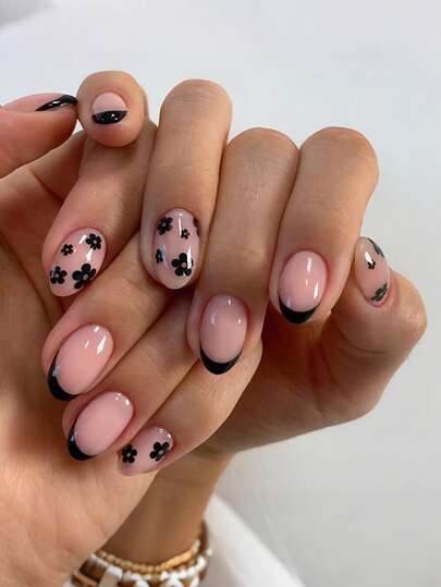 24pcs Short Oval Ramadan Press On Nails, Black Flower Print Nude Short Nails Full Cover Glossy False Nails Set, Include: 1pc Jelly Glue And 1pc Nail File, Easy To Wear Daily Fake Nails & French Tip Nails Press On Art For Women And Girls Daily Life Nail Supplies