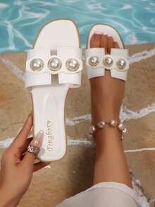 New Fashion Flat Pearl Sandals For Women - White - View 5