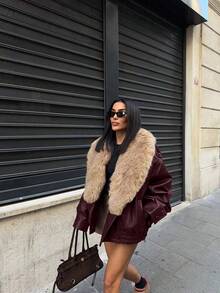 女士时尚复古人造毛皮双面外套，保暖舒适，女士冬季度假外套 - 酒紅色 - 查看 3