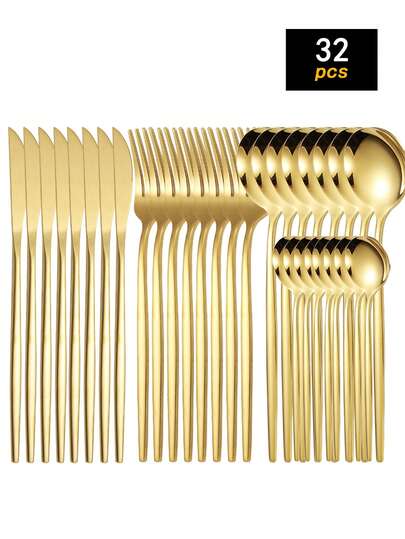 4/16/24/32pcs Portuguese Stainless Steel Cutlery Set, Steak Knife Fork Spoon, Suitable For Home, Restaurant, Party, Holiday Gift