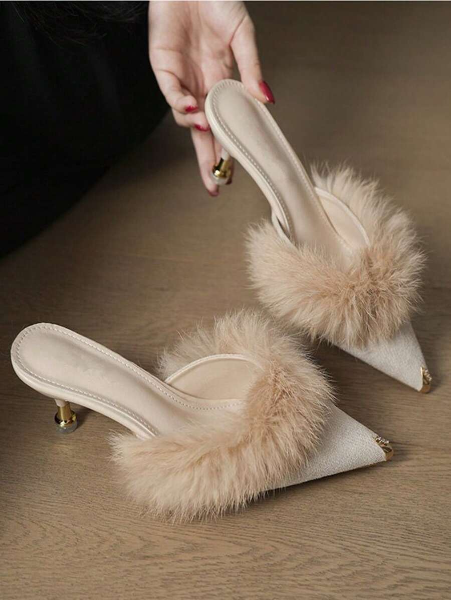 6cm Beige High Heel Pumps, Furry Pointed Toe Slip-On Mules, Elegant Stilettos, Versatile For Spring/Autumn, Suitable For Dresses, Cheongsam