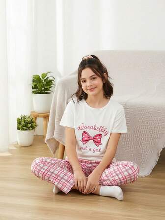 2件套少女蝴蝶印花柔软短袖上衣+粉色格子柔软睡裤套装