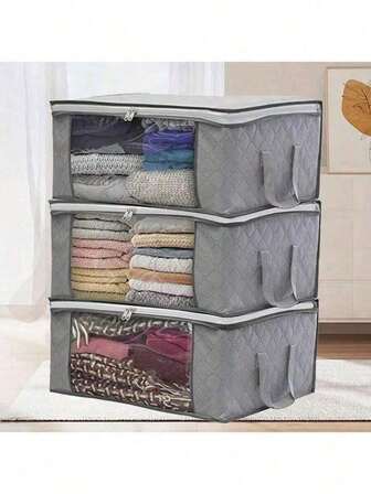 3件套家居衣物无纺布灰色收纳袋，可折叠家用收纳整理袋，适用于日常用品，可用于家居整理、衣物、毯子、毛衣、床上用品、卧室、枕头和衣柜收纳。