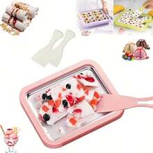 3件套（托盘+2个刮刀）不锈钢手动卷式冰淇淋机套装，家用卷式冰淇淋机，带冷冻托盘和2个刮刀，DIY冰淇淋托盘，不锈钢冷冻甜点机，适合情人节礼物、饮料调制、奶茶店、家庭鸡尾酒、夏季特色饮品、咖啡机、饮料爱好者、派对食品准备，制作清爽创意特色饮品，冰淇淋机，刨冰，冰淇淋，意式冰淇淋机。