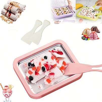 3件套（托盘+2个刮刀）不锈钢手动卷式冰淇淋机套装，家用卷式冰淇淋机，带冷冻托盘和2个刮刀，DIY冰淇淋托盘，不锈钢冷冻甜点机，适合情人节礼物、饮料调制、奶茶店、家庭鸡尾酒、夏季特色饮品、咖啡机、饮料爱好者、派对食品准备，制作清爽创意特色饮品，冰淇淋机，刨冰，冰淇淋，意式冰淇淋机。