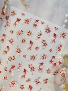 1 pieza Pegatinas de arte de uñas con borde de metal dorado, diseño de flores degradadas y carpa koi estilo chino, decoración exquisita para manicura - Multicolor - Ver 1