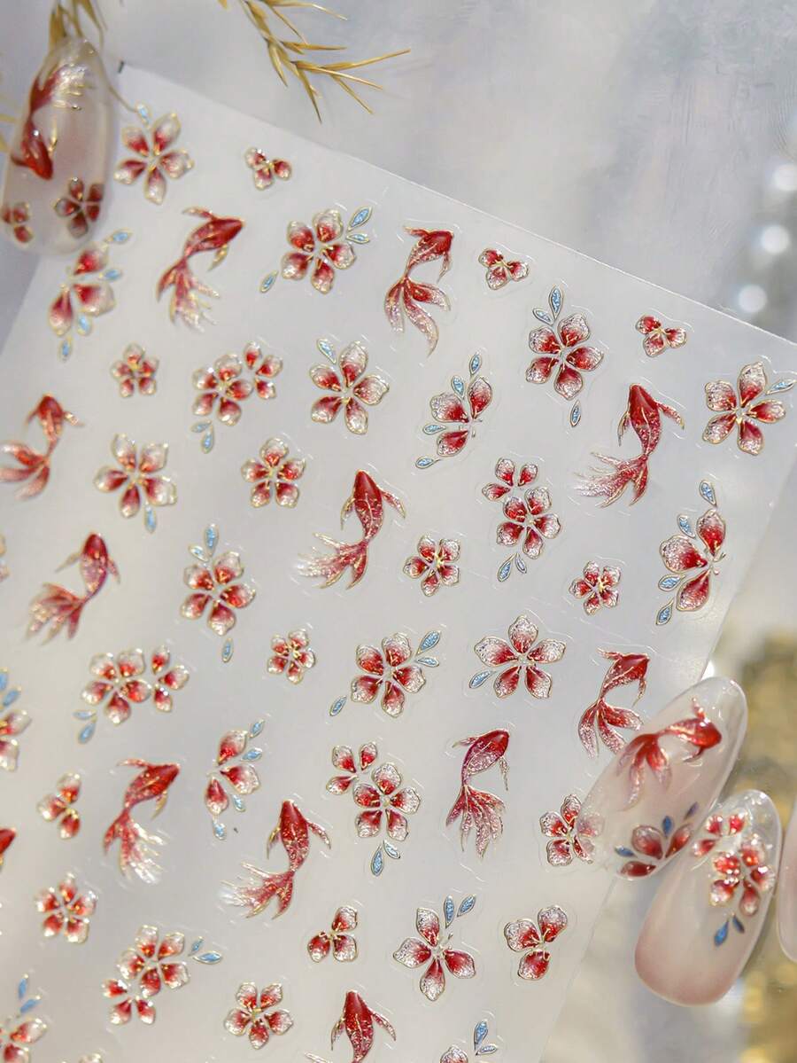1 pieza Pegatinas de arte de uñas con borde de metal dorado, diseño de flores degradadas y carpa koi estilo chino, decoración exquisita para manicura - Multicolor - Ver 1