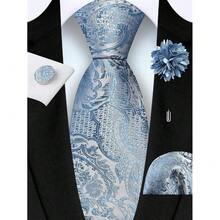 GUSLESON 8cm Paisley Tie Set For Men Necktie Lapel Pin Pocket Square Cufflinks Set For Men,DustyBlue - DustyBlue - View 3