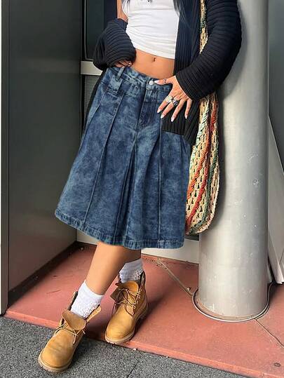 Váy denim dài đến đầu gối dáng rộng, xếp ly, phong cách vintage Y2K, thích hợp cho nữ, kiểu dáng thường ngày, đi nghỉ hè, dự lễ hội âm nhạc.