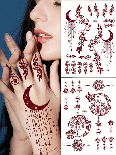 1pc Moon Design Tattoo Sticker For Women, Waterproof Temporary Henna Tattoo For Hand And Fingers, Disposable Fake Tattoo Suitable For Festival Body Decor