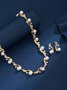 一套欧美风格仿珍珠项链耳环套装，小众百搭项链，时尚优雅耳环，适合女性日常或派对佩戴。 - 彩色 - 查看 3