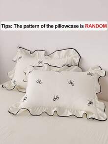 2/3 pièces Set de couette en polyester avec broderie papillon blanc, double volant, parure de lit vintage mignonne pour toutes les saisons, couette respirante et douce (1 couette + 1/2 taie d'oreiller, rembourrage non inclus)