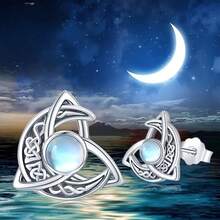 1 Pair S925 Sterling Silver Elegant Vintage Bohemian Crescent Moon Celtic Knot Moonstone Stud Earrings, Casual Fashionable Daily Wear Earrings, Birthday Gift, Sexy Earrings, Perfect For Gifting