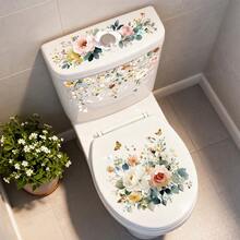 1pc Spring-Themed Watercolor Floral And Plant Toilet Sticker, Removable Self-Adhesive PVC Waterproof Bathroom Decorative Decal, Suitable For Bedrooms, Bathrooms, Dining Rooms, And Interior Home Decoration. - Multicolor - View 2