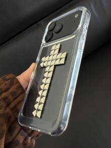 1pc Halloween DIY Punk Rivet Cross Religious Rock Rivet Metal Leather Phone Case, Compatible With IPhone 17 Pro Max 16 15 14 13 12 11 Pro Max Plus, Soft Back Cover - Clear - View 6
