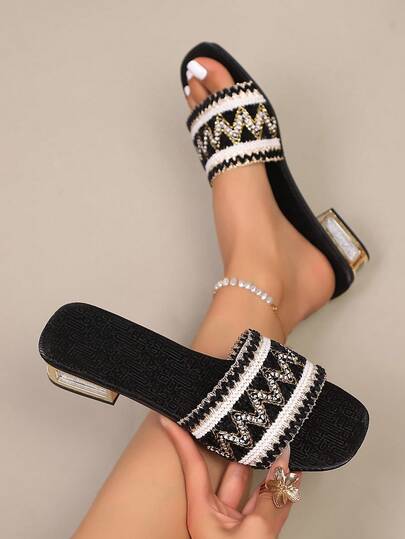 Sandalias de tacón alto grueso, de verano, de moda retro, con rejilla negra tejida, de estilo casual y cómodas para mujer