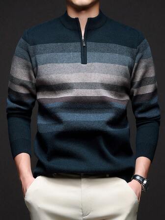 เสื้อสเวตเตอร์คอปกแบบมีซิปครึ่งตัวลายทางลำลองสำหรับผู้ชายฤดูใบไม้ร่วง/ฤดูหนาว สไตล์เรียบง่ายสำหรับธุรกิจ เสื้อแขนยาว