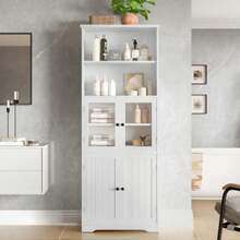 57.4 X 28.5 X 160cm Badezimmer-Hochschrank Mit Stauraum, Volllackierung, Glasschranktür, Holzschranktür, Zwei Offene Ablagefächer, Verstellbare Trennwände, Einfache Textur, White - White - View 6