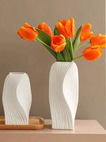 1pc Modern White Wavy Vase Set - Minimalist Rectangular Wavy Textured Plastic Neutral Vase For Elegant Floral Decor In Living Room, Bedroom, Office Desk, Dining Room Shelf, Suitable For Dried Flowers (Reed/Wheat/Cattail), Fresh Flowers (Peony/Rose/Tulip), Artificial Flowers (Artificial Reed/Artificial Ginkgo Leaf Branches/Artificial Daisy Bouquet/Artificial Baby's Breath) - Multicolor - View 4