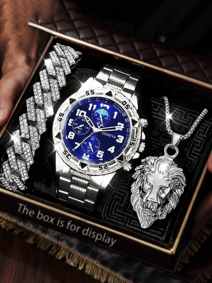 3 pezzi Set orologio al quarzo, collana e bracciale con testa di leone argento per adolescenti, di moda, quadrante grande, adatto per feste, vacanze, Natale, regalo per amici, senza scatola, taglia unica - Argento - Visualizzare 1