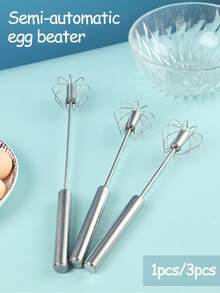 1个/3个装不锈钢半自动打蛋器，旋转式半自动打蛋器，用于制作奶油、搅拌、打蛋和混合 - 銀色 - 查看 1