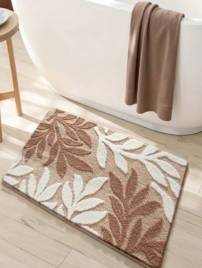 1pc Faux Wool Bathroom Mat, Khaki Color Floral Pattern, Plush & Soft, Non-Slip Absorbent, Home Bathroom Floor Mat, Bathroom Carpet, Toilet Mat, Home Decor