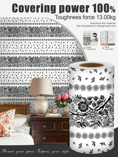 1 Roll 1m/3m/5m Vintage White/Black Floral Textured Artistic Style Wallpaper, Suitable For Home Renovation, Room Decor, Cabinet Refurbishing, Bathroom Decor, Waterproof, Stain-Resistant, Flexible Vinyl Self-Adhesive Wallpaper