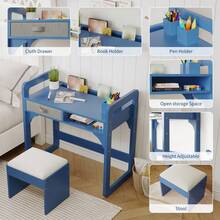 CuisinSmart Kids Study Desk And Chair Set,Kids Desk With Soft Stool,Wooden Children Study Table With Storage Drawer,Student Writing Desks For 3-8 Years Old - 藍色 - 查看 4