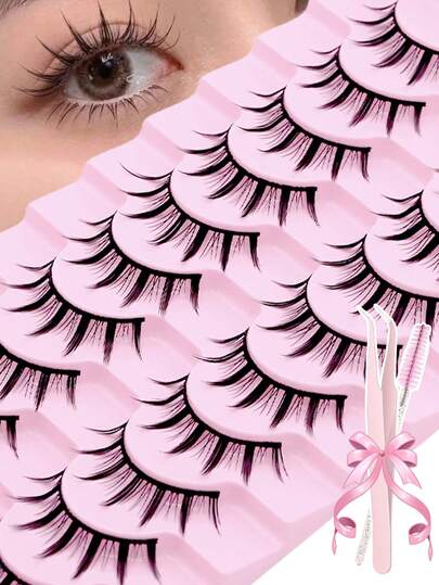 10 Pairs Natural Look False Eyelashes Set With Eyelash Brush And Applicator, Cartoon 3D Faux Mink Lashes, Soft Curly Realistic False Eyelash Strips